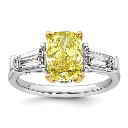 Emma Grace 14K Two-Tone 3.62 Carat Certified Lab Grown Diamond VS+ Long Cushion Vivid Yellow & VS+ F+ Baguette Complete Ring