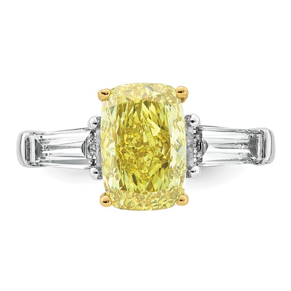 Emma Grace 14K Two-Tone 4 1/3 carat Certified Lab Grown Diamond VS+ Long Cushion Vivid Yellow & VS+ F+ Baguette Complete Ring