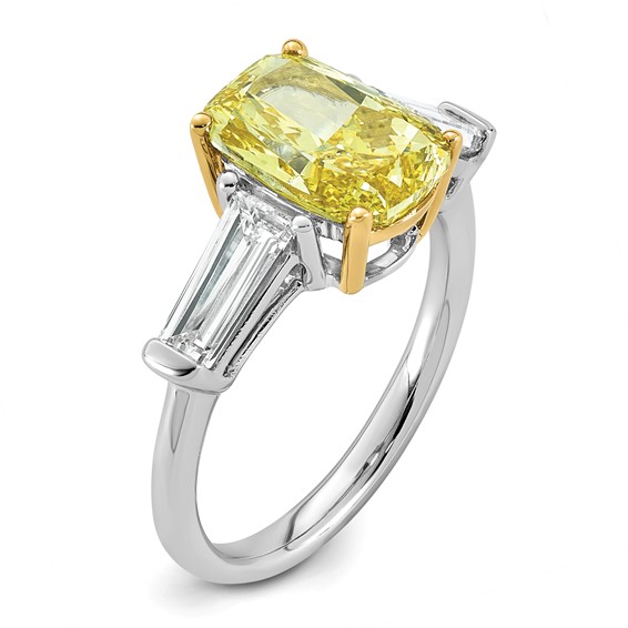 Emma Grace 14K Two-Tone 4 1/3 carat Certified Lab Grown Diamond VS+ Long Cushion Vivid Yellow & VS+ F+ Baguette Complete Ring