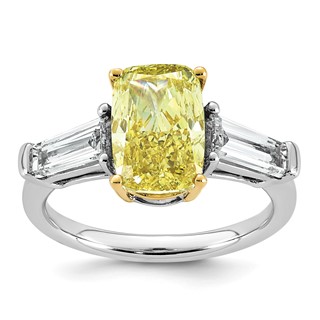 Emma Grace 14K Two-Tone 4 1/3 carat Certified Lab Grown Diamond VS+ Long Cushion Vivid Yellow & VS+ F+ Baguette Complete Ring