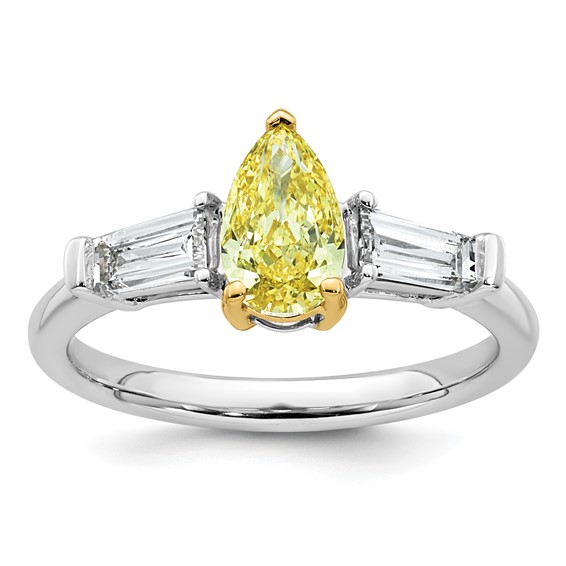 Emma Grace 14K Two-Tone 1 5/8 carat Certified Lab Grown Diamond VS+ Pear Vivid Yellow & VS+ F+ Baguette Complete Ring