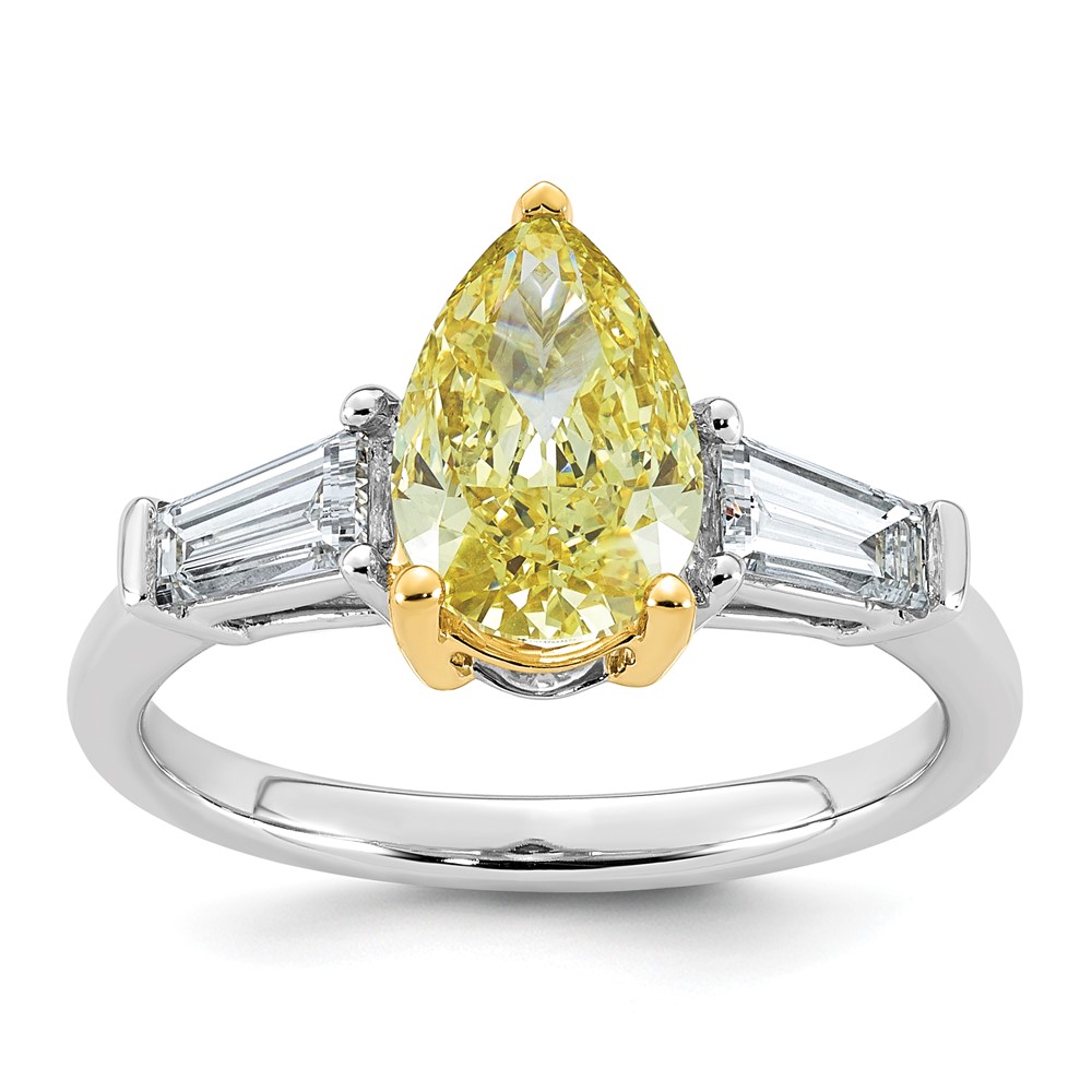 Emma Grace 14K Two-Tone 2.75 Carat Certified Lab Grown Diamond VS+ Pear Vivid Yellow & VS+ F+ Baguette Complete Ring