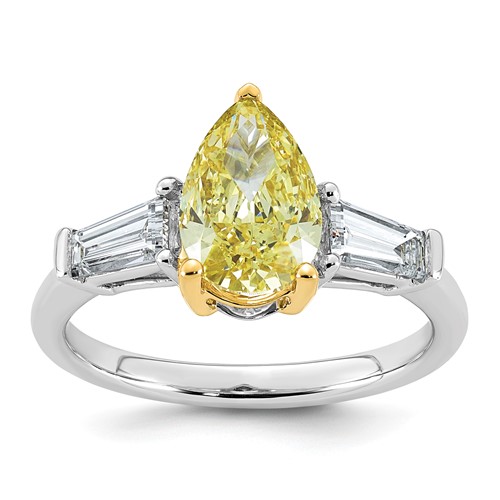 Emma Grace 14K Two-Tone 2.75 Carat Certified Lab Grown Diamond VS+ Pear Vivid Yellow & VS+ F+ Baguette Complete Ring