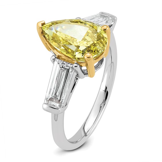 Emma Grace 14K Two-Tone 4 1/3 carat Certified Lab Grown Diamond VS+ Pear Vivid Yellow & VS+ F+ Baguette Complete Ring