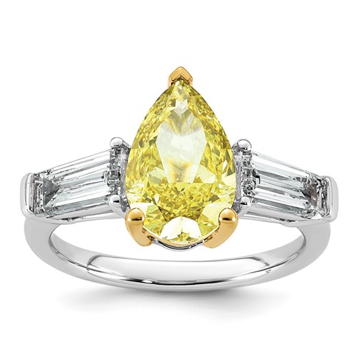 Emma Grace 14K Two-Tone 4.33 Carat Certified Lab Grown Diamond VS+ Pear Vivid Yellow & VS+ F+ Baguette Complete Ring