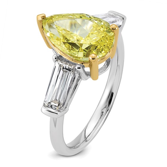 Emma Grace 14K Two-Tone 4 7/8 carat Certified Lab Grown Diamond VS+ Pear Vivid Yellow & VS+ F+ Baguette Complete Ring
