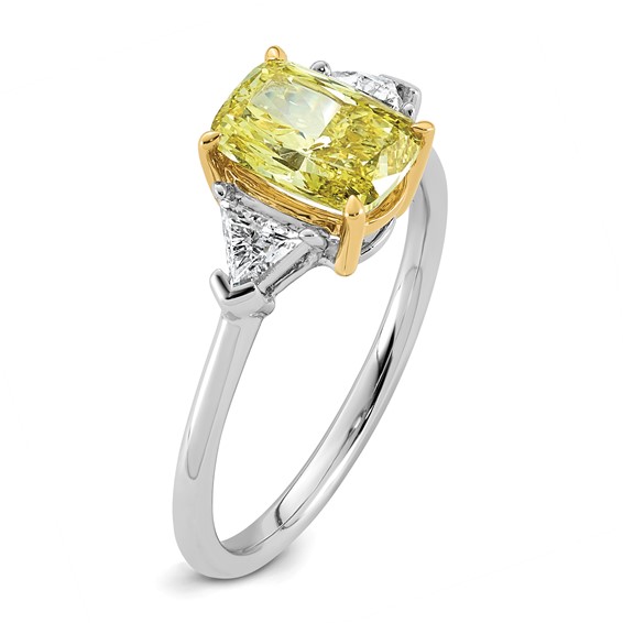 Emma Grace 14K Two-Tone 2 1/5 carat Certified Lab Grown Diamond VS+ Long Cushion Vivid Yellow & VS+ F+ Trapezoid Complete Ring