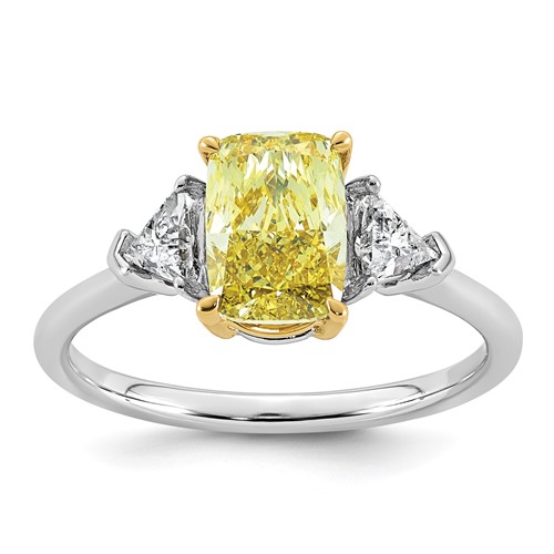 Emma Grace 14K Two-Tone 2.20 Carat Certified Lab Grown Diamond VS+ Long Cushion Vivid Yellow & VS+ F+ Trillion Complete Ring