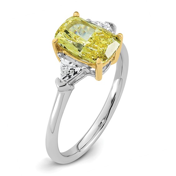 Emma Grace 14K Two-Tone 2 1/2 carat Certified Lab Grown Diamond VS+ Long Cushion Vivid Yellow & VS+ F+ Trapezoid Complete Ring