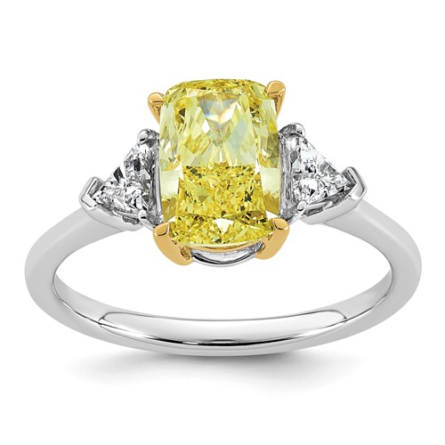 Emma Grace 14K Two-Tone 2.38 Carat Certified Lab Grown Diamond VS+ Long Cushion Vivid Yellow & VS+ F+ Trillion Complete Ring