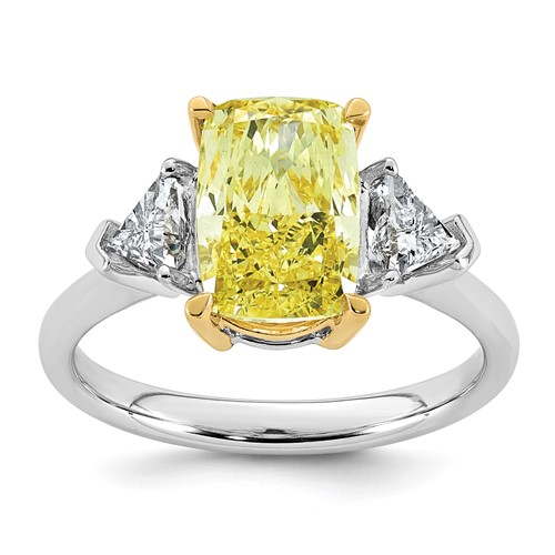 Emma Grace 14K Two-Tone 3.62 Carat Certified Lab Grown Diamond VS+ Long Cushion Vivid Yellow & VS+ F+ Trillion Complete Ring