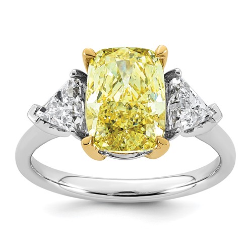 Emma Grace 14K Two-Tone 4.20 Carat Certified Lab Grown Diamond VS+ Long Cushion Vivid Yellow & VS+ F+ Trillion Complete Ring