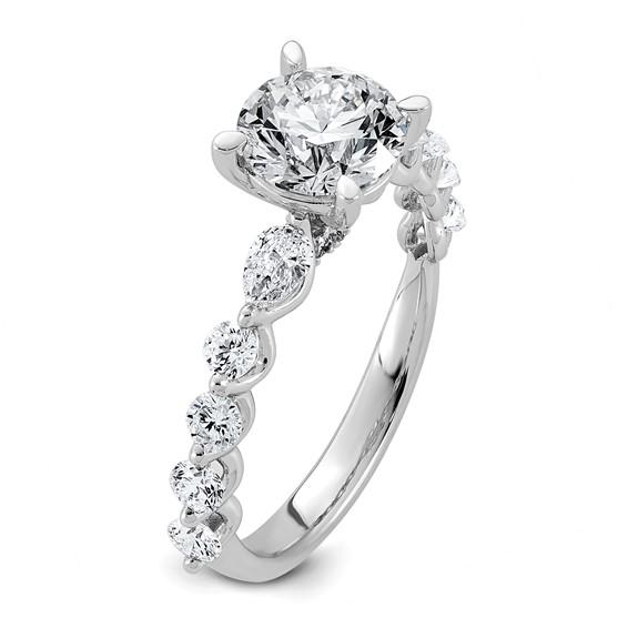 14k White Gold 2 1/4 carat Certified Lab Grown Diamond VS+ F+ Round Center with Round & Pear Sides Complete Engagement Ring