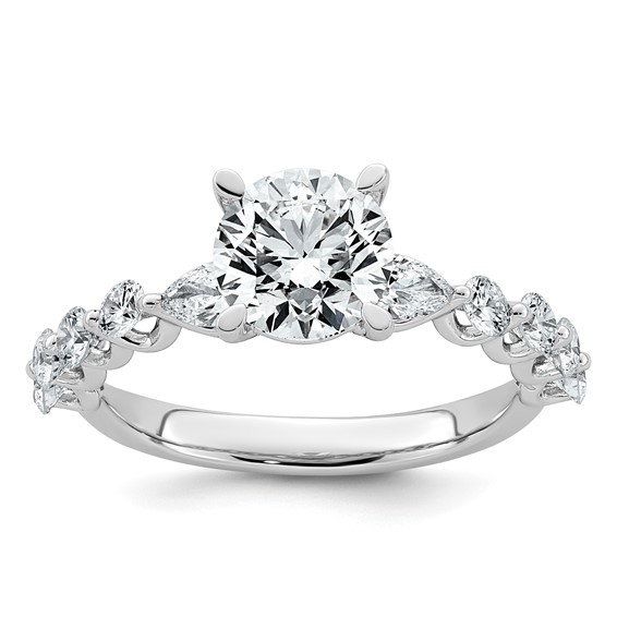 14k White Gold 2 1/4 carat Certified Lab Grown Diamond VS+ F+ Round Center with Round & Pear Sides Complete Engagement Ring