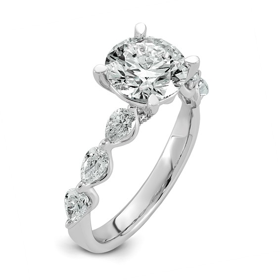 14k White Gold 2 3/4 carat Certified Lab Grown Diamond VS+ F+ Round Center with Pear Sides Complete Engagement Ring