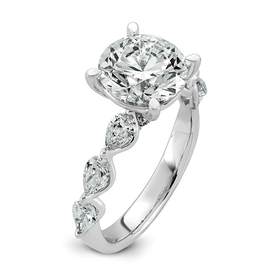 14k White Gold 3 7/8 carat Certified Lab Grown Diamond VS+ F+ Round Center with Pear Sides Complete Engagement Ring