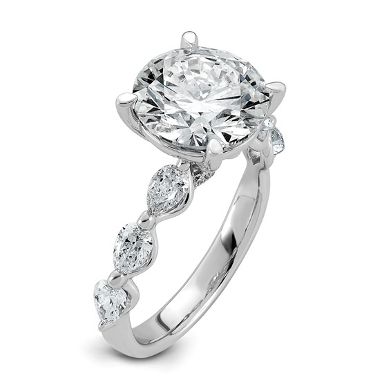 14k White Gold 4 7/8 carat Certified Lab Grown Diamond VS+ F+ Round Center with Pear Sides Complete Engagement Ring
