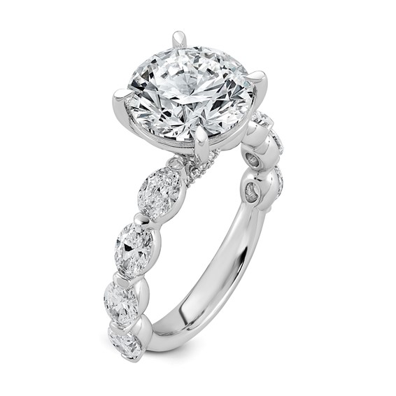 14k White Gold 5 1/2 carat Certified Lab Grown Diamond VS+ F+ Round Center with Oval Sides Complete Engagement Ring
