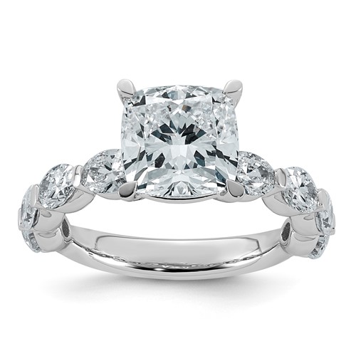 14K White Gold 4.50ct Cert Cushion Ctr LabGrown Dia VS+ F+ Ring with Oval Sides Comp