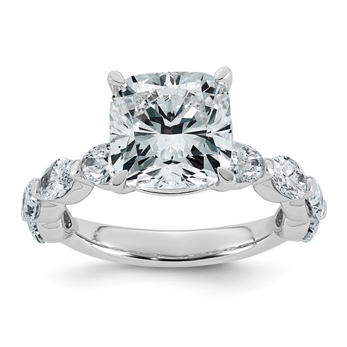 14K White Gold 5.50ct Cert Cushion Ctr LabGrown Dia VS+ F+ Ring with Oval Sides Comp