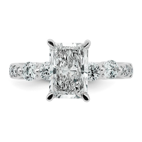14k White Gold 2 5/8 carat Certified Lab Grown Diamond VS+ F+ Radiant Center with Round Sides Complete Ring