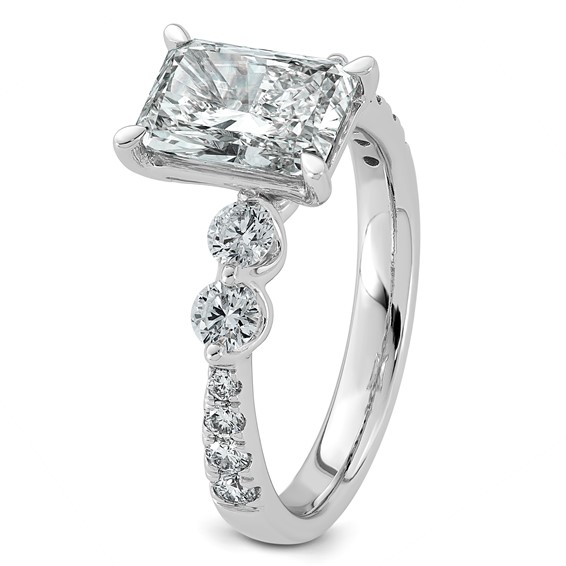 14k White Gold 2 5/8 carat Certified Lab Grown Diamond VS+ F+ Radiant Center with Round Sides Complete Ring