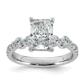 14k White Gold 2 5/8 carat Certified Lab Grown Diamond VS+ F+ Radiant Center with Round Sides Complete Ring
