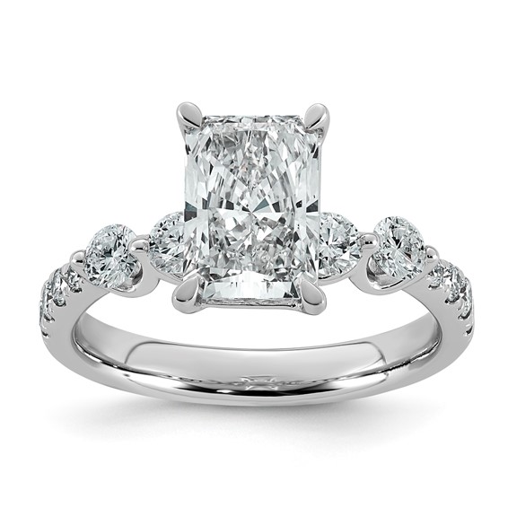 14k White Gold 2 5/8 carat Certified Lab Grown Diamond VS+ F+ Radiant Center with Round Sides Complete Ring