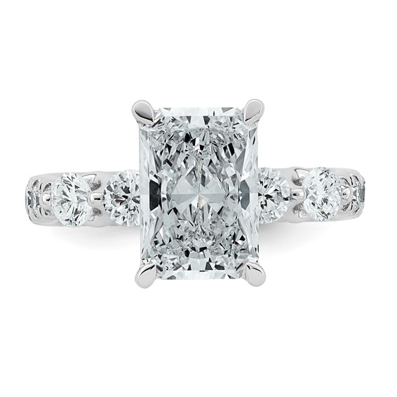 14k White Gold 3 7/8 carat Certified Lab Grown Diamond VS+ F+ Radiant Center with Round Sides Complete Ring