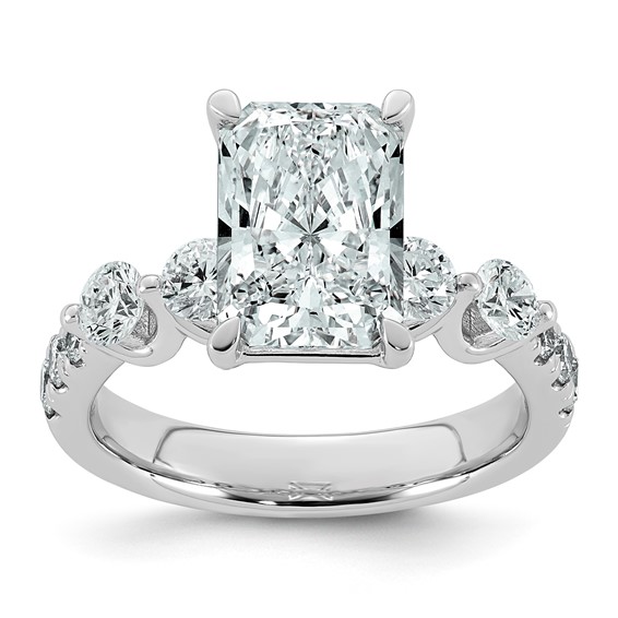14k White Gold 3 7/8 carat Certified Lab Grown Diamond VS+ F+ Radiant Center with Round Sides Complete Ring