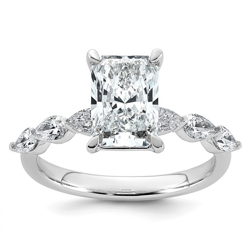 14K White Gold 2.62ct Cert Radiant Ctr LabGrown Dia VS+ F+ Ring with Pear Sides Comp