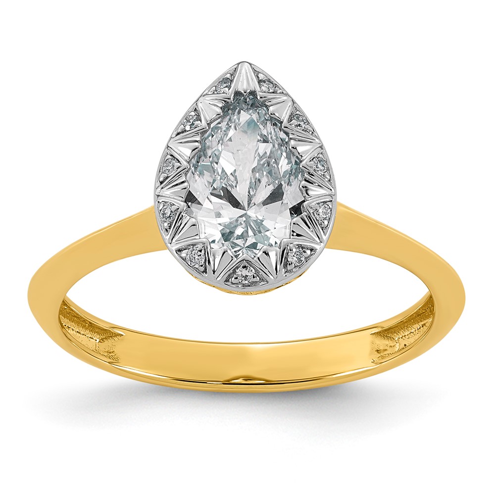 14K Yellow Gold Pear Center Lab Grown Dia VS+ F+ Complete Halo Ring