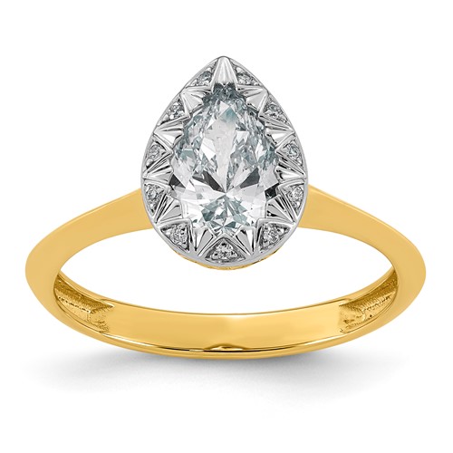 14K Yellow Gold Pear Center Lab Grown Dia VS+ F+ Complete Halo Ring