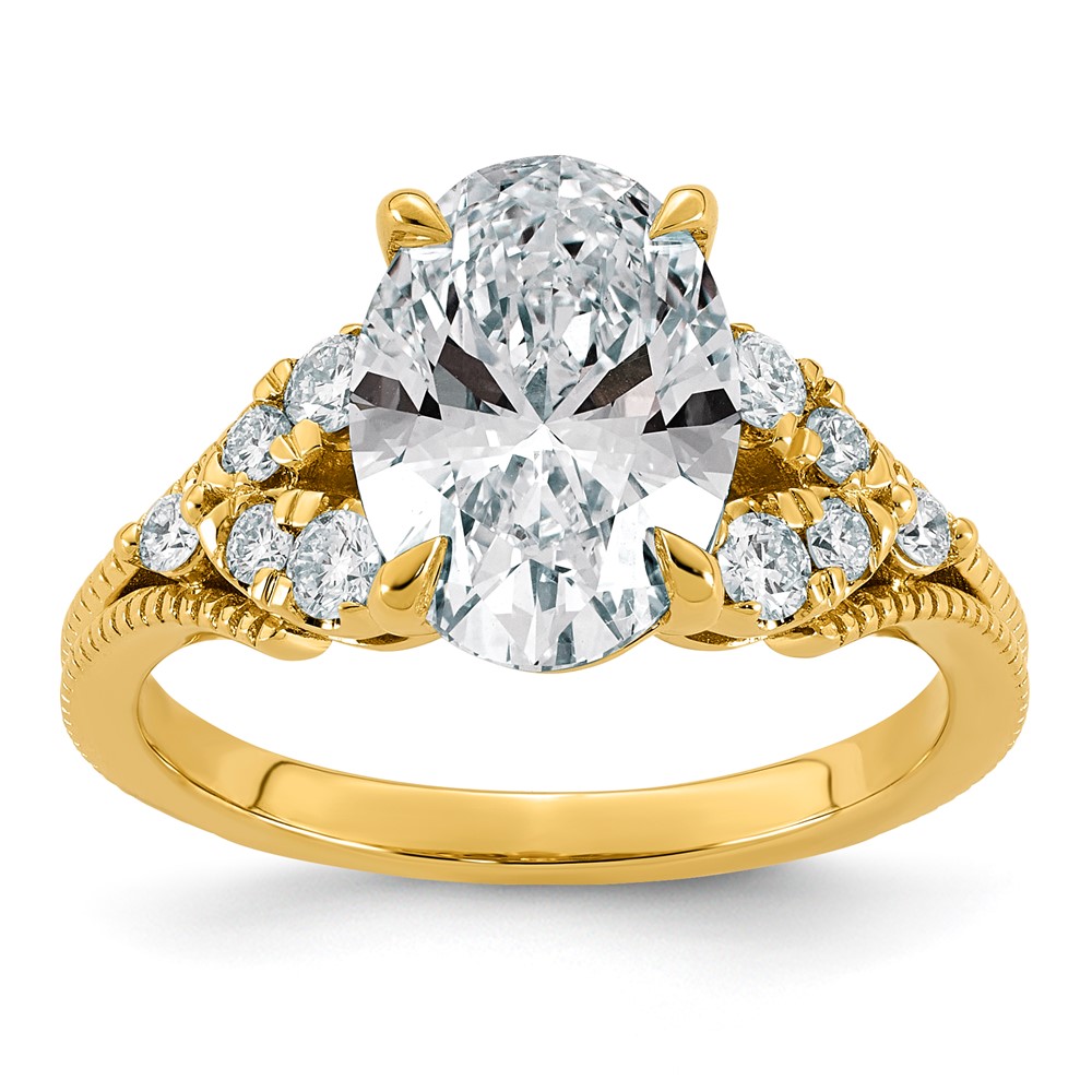 14K Yellow Gold 3.38 Carat Certified Lab Grown Diamond VS+ F+ Oval Center Complete Fancy Textured Engagement Ring
