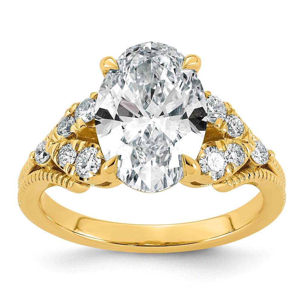14K Yellow Gold 3.88 Carat Certified Lab Grown Diamond VS+ F+ Oval Center Complete Fancy Textured Engagement Ring