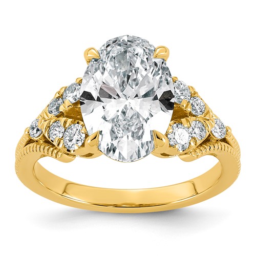14K Yellow Gold 3.88 Carat Certified Lab Grown Diamond VS+ F+ Oval Center Complete Fancy Textured Engagement Ring