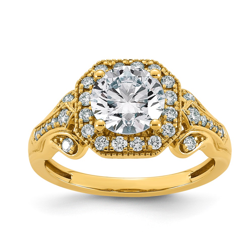14K Yellow Gold 1.88 Carat Certified Lab Grown Diamond VS+ F+ Round Center Fancy Halo Complete Engagement Ring