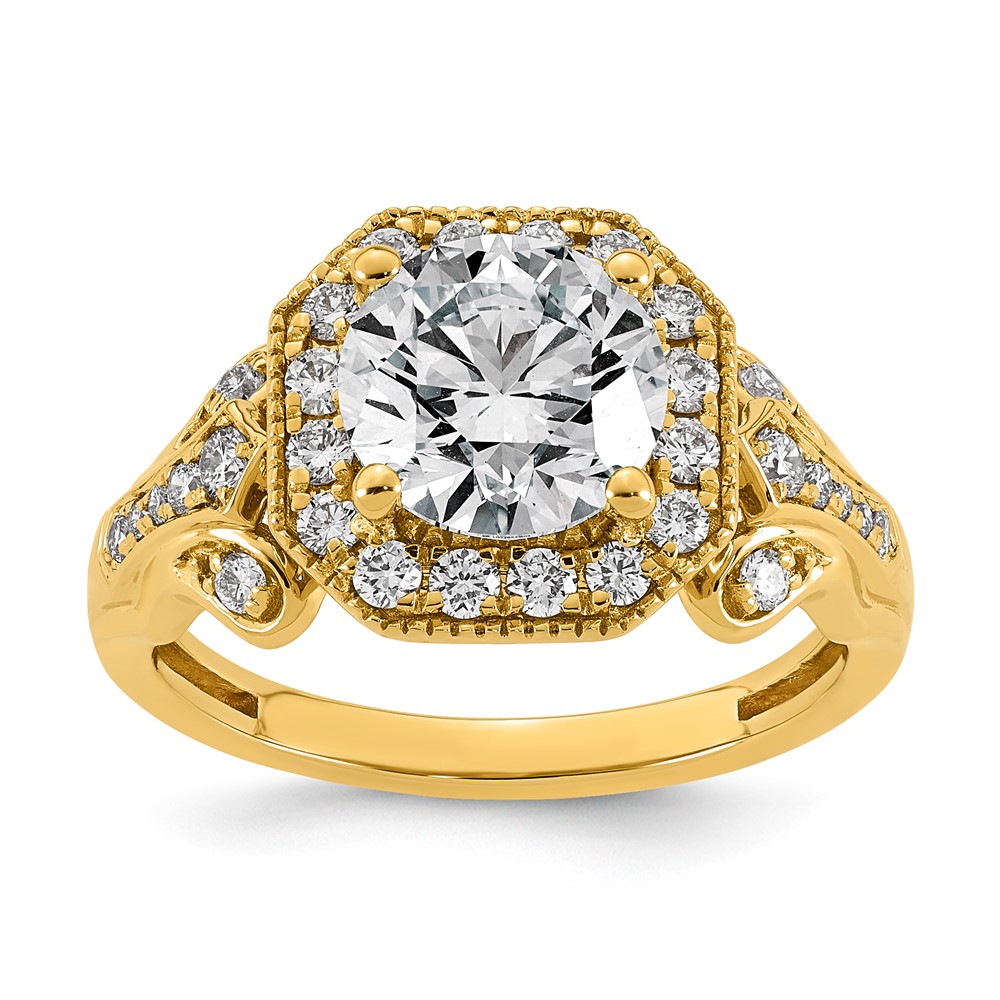 14K Yellow Gold 2.50 Carat Certified Lab Grown Diamond VS+ F+ Round Center Fancy Halo Complete Engagement Ring