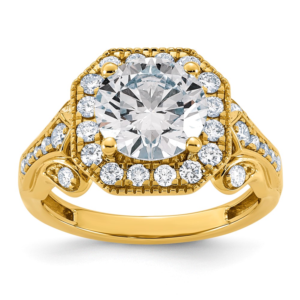 14K Yellow Gold 3.12 Carat Certified Lab Grown Diamond VS+ F+ Round Center Fancy Halo Complete Engagement Ring