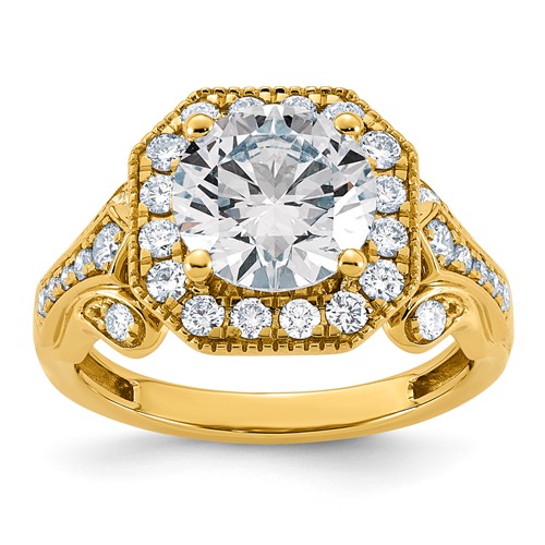 14K Yellow Gold 3.12 Carat Certified Lab Grown Diamond VS+ F+ Round Center Fancy Halo Complete Engagement Ring