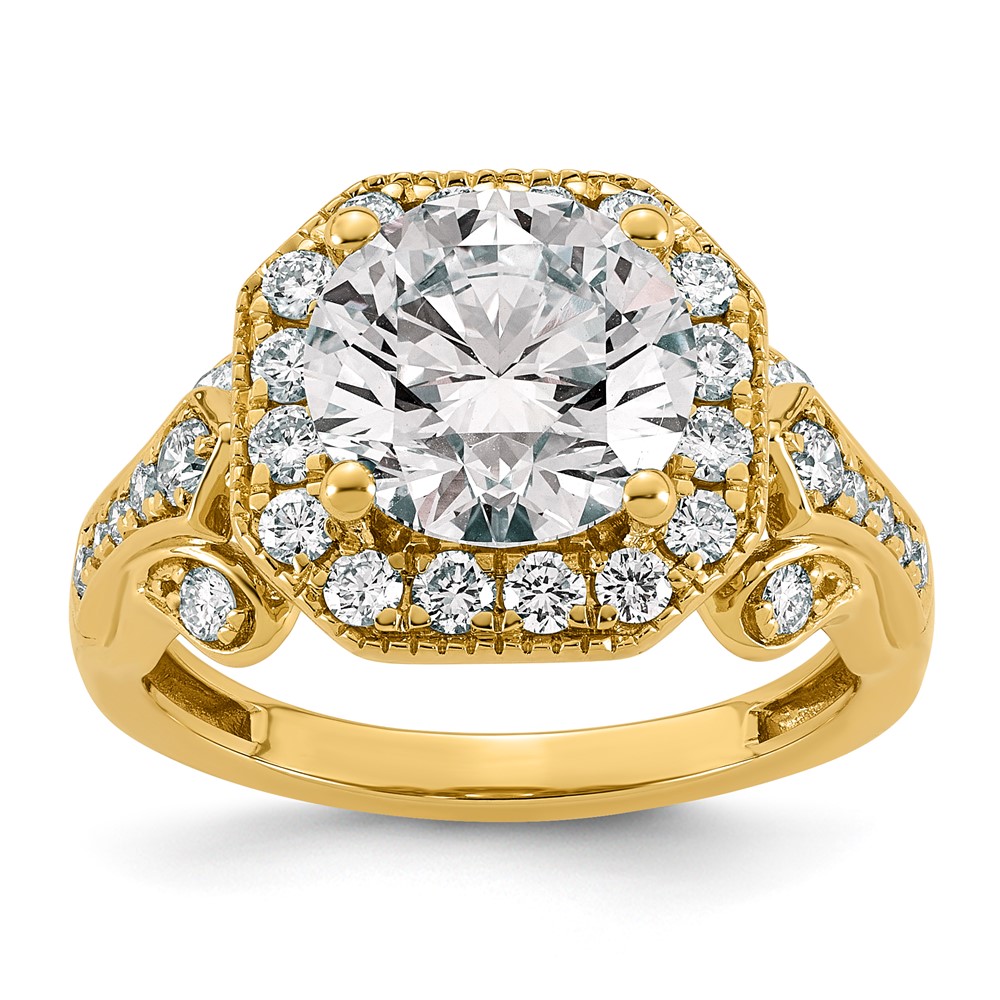 14K Yellow Gold 3.75 Carat Certified Lab Grown Diamond VS+ F+ Round Center Fancy Halo Complete Engagement Ring