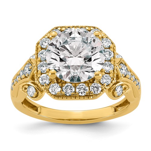 14K Yellow Gold 3.75 Carat Certified Lab Grown Diamond VS+ F+ Round Center Fancy Halo Complete Engagement Ring