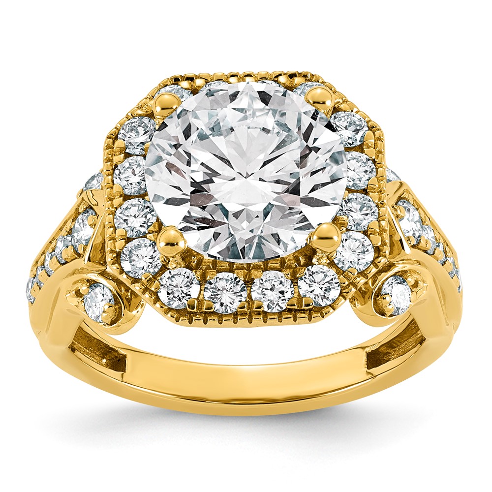 14K Yellow Gold 4.38 Carat Certified Lab Grown Diamond VS+ F+ Round Center Fancy Halo Complete Engagement Ring