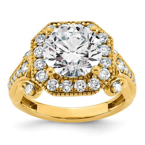 14K Yellow Gold 4.38 Carat Certified Lab Grown Diamond VS+ F+ Round Center Fancy Halo Complete Engagement Ring
