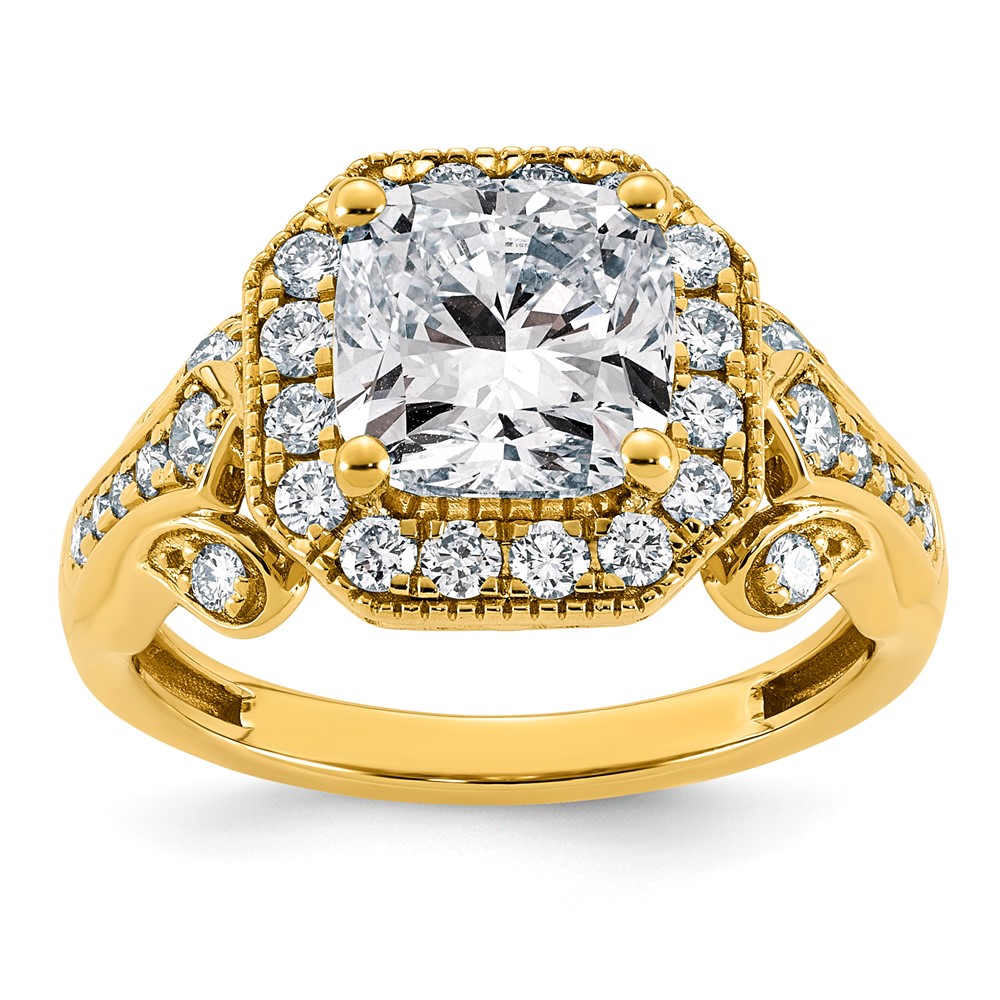 14K Yellow Gold 3 Carat Certified Lab Grown Diamond VS+ F+ Cushion Center Halo Complete Fancy Engagement Ring