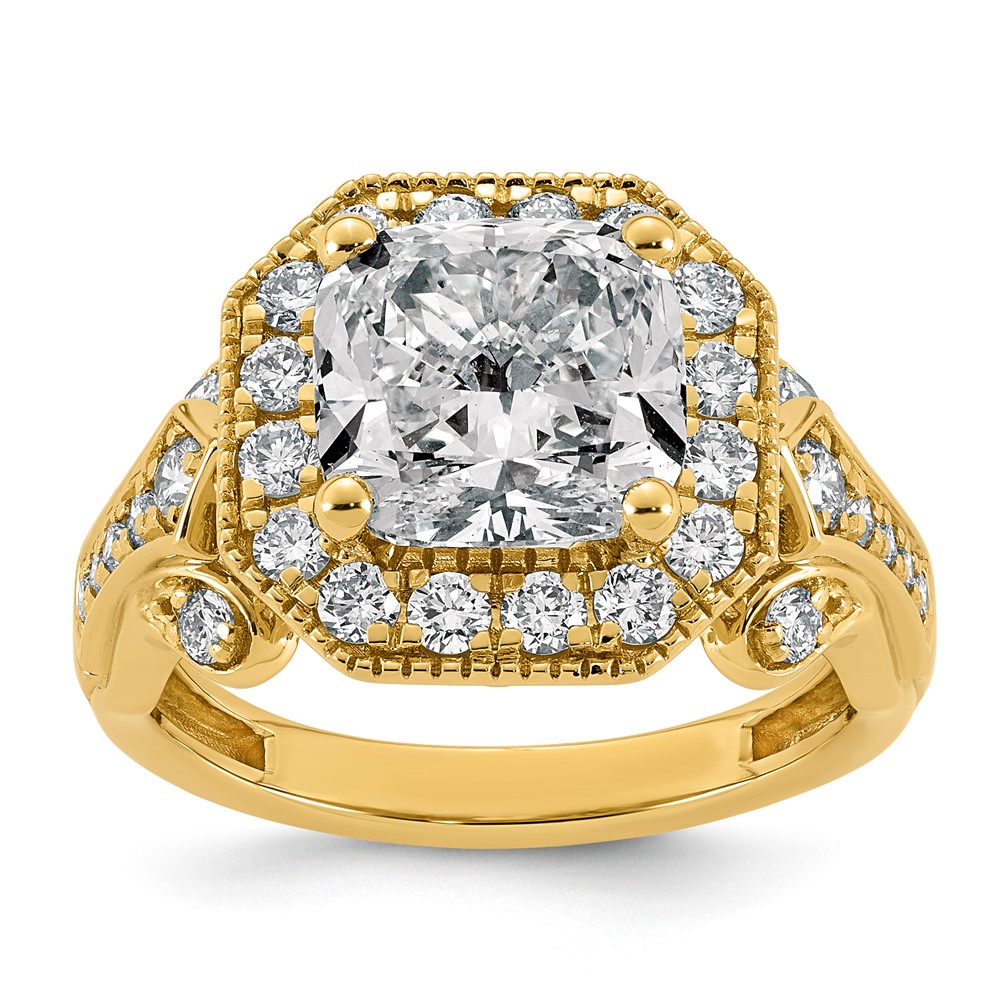 14K Yellow Gold 4.38 Carat Certified Lab Grown Diamond VS+ F+ Cushion Center Halo Complete Fancy Engagement Ring