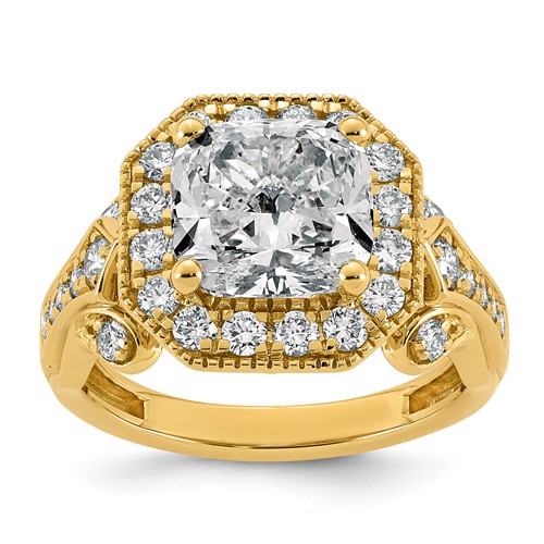 14K Yellow Gold 4.38 Carat Certified Lab Grown Diamond VS+ F+ Cushion Center Halo Complete Fancy Engagement Ring