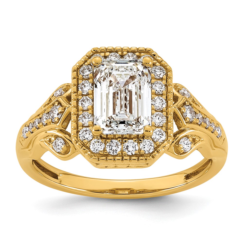 14K Yellow Gold 1.88 Carat Certified Lab Grown Diamond VS+ F+ Emerald Center Complete Fancy Halo Textured Engagement Ring