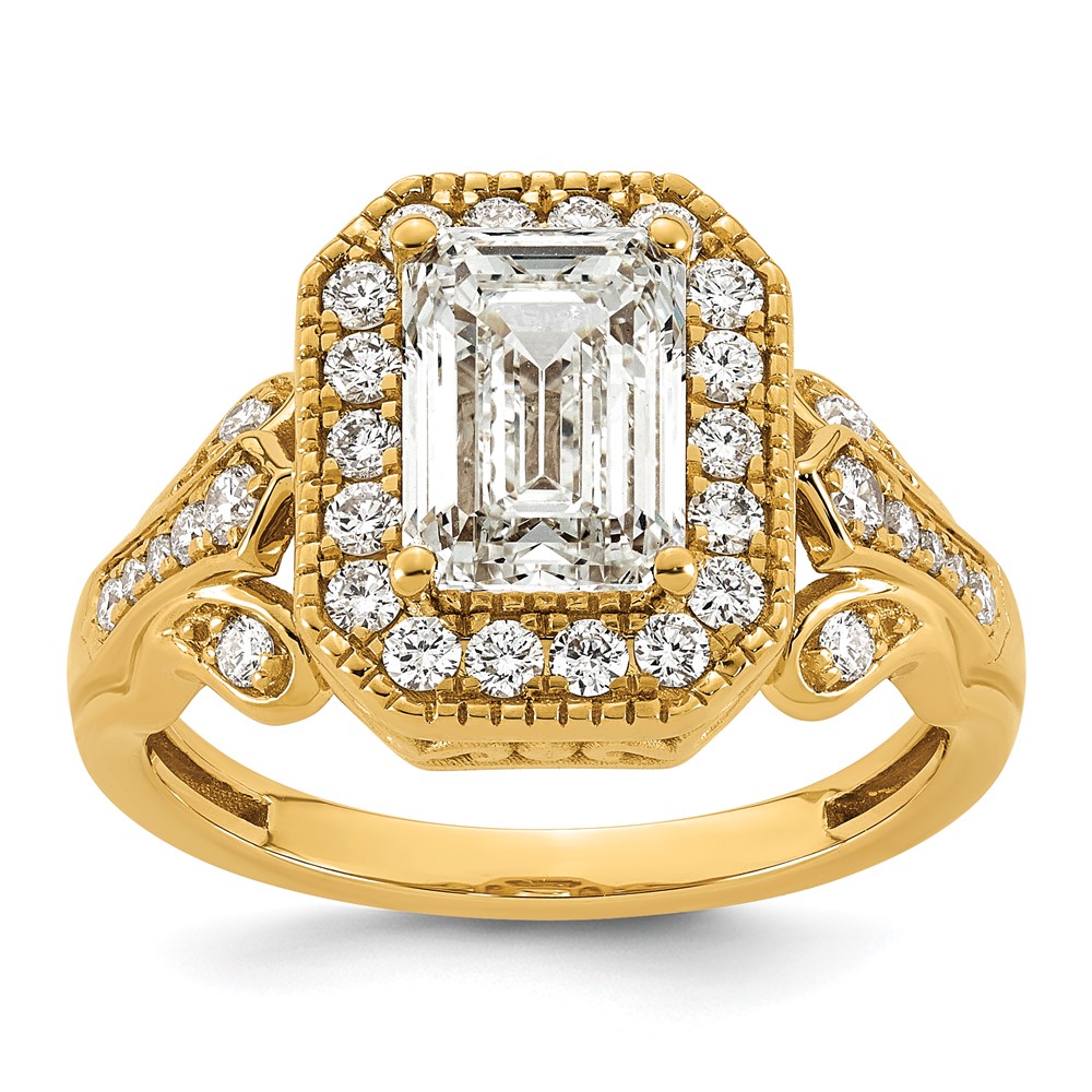 14K Yellow Gold 2.50 Carat Certified Lab Grown Diamond VS+ F+ Emerald Center Complete Fancy Halo Textured Engagement Ring