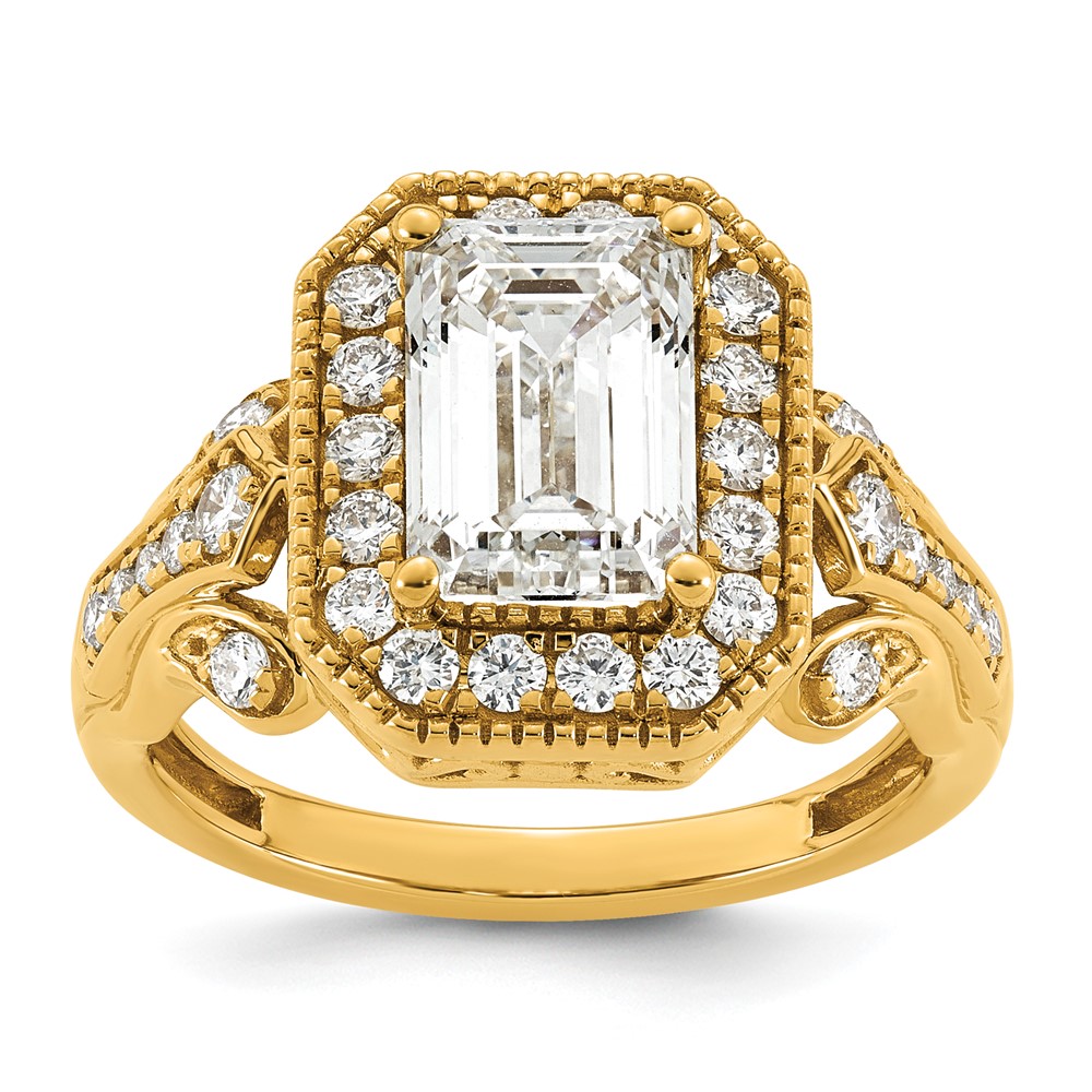 14K Yellow Gold 3.12 Carat Certified Lab Grown Diamond VS+ F+ Emerald Center Complete Fancy Halo Textured Engagement Ring